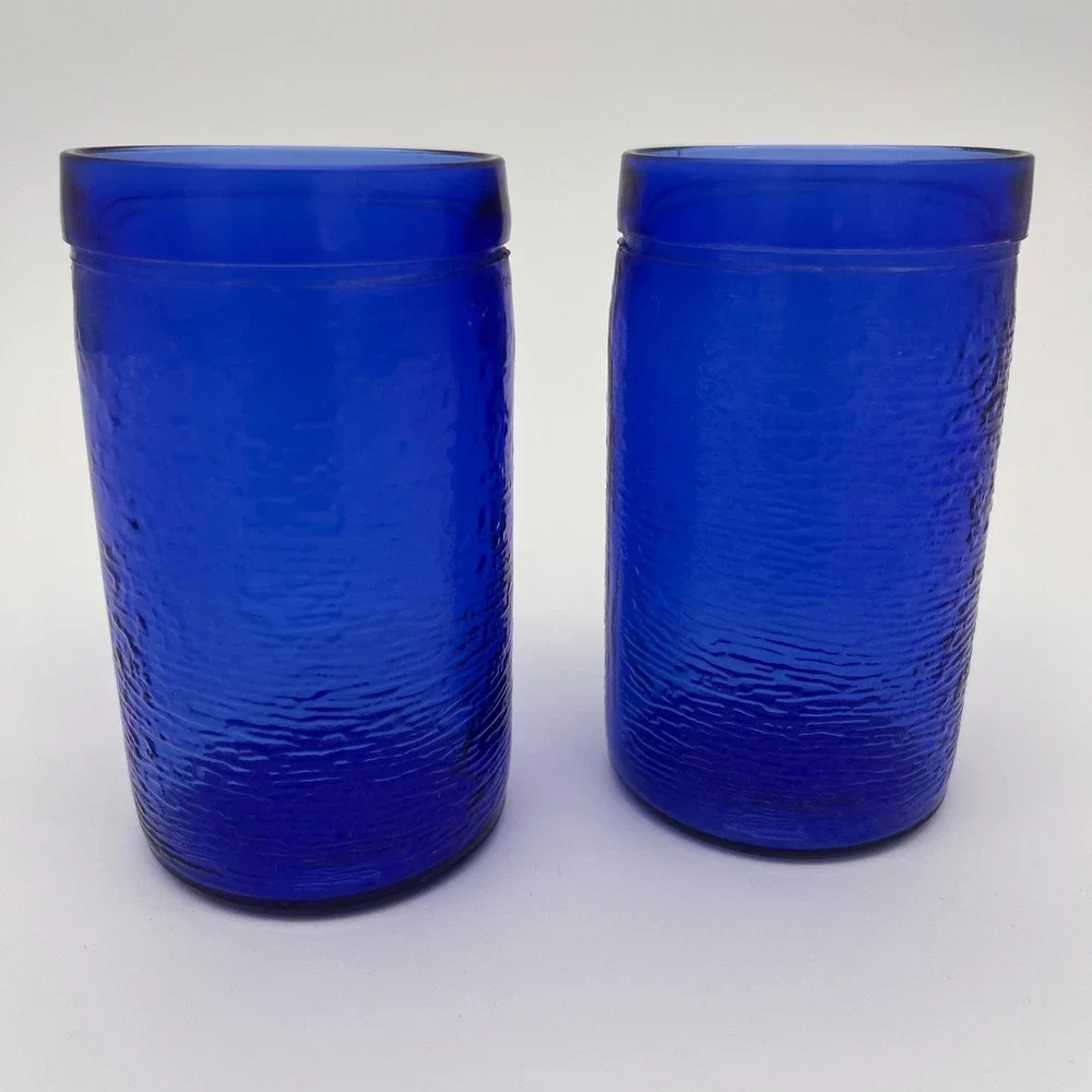 Vintage Cobalt Blue Textured Bark Glass Tumblers Set of 2 Drinking Glasses